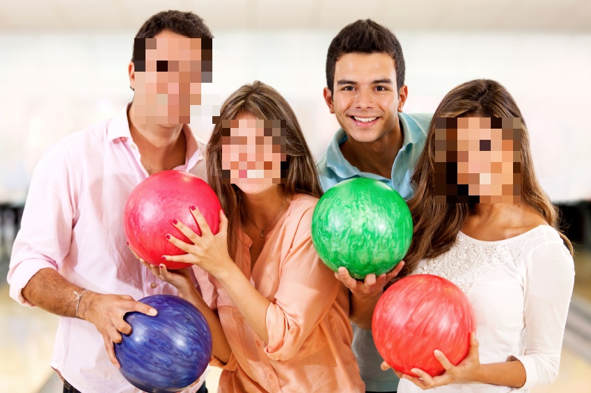 A group of people with their faces pixelated holding bowling balls.